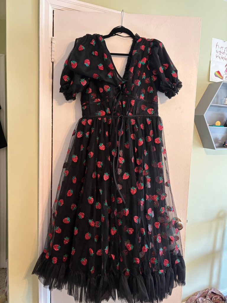 Lirika Matoshi Black Strawberry Dress Tulle Puff Sleeve Midi Designer Rare — image 2 of 2